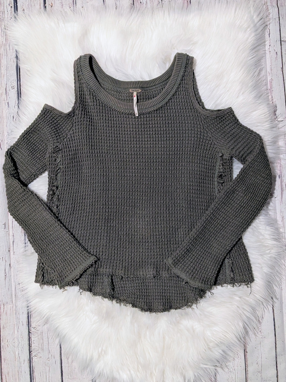 Free People Olive Gray Cold-Shoulder Waffle Knit Top